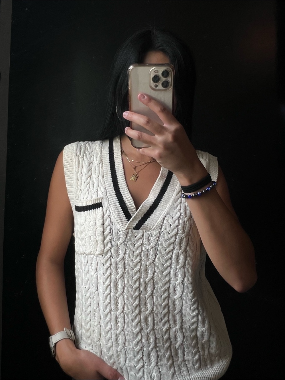 Hooked Up Oversized Cream Cable Knit V-Neck Sweater Vest with Black Trim